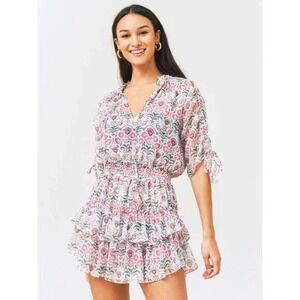 MISA Los Angeles Womens Floral Chiffon Ruffle Tiered Mini Dress XL Smocked Waist